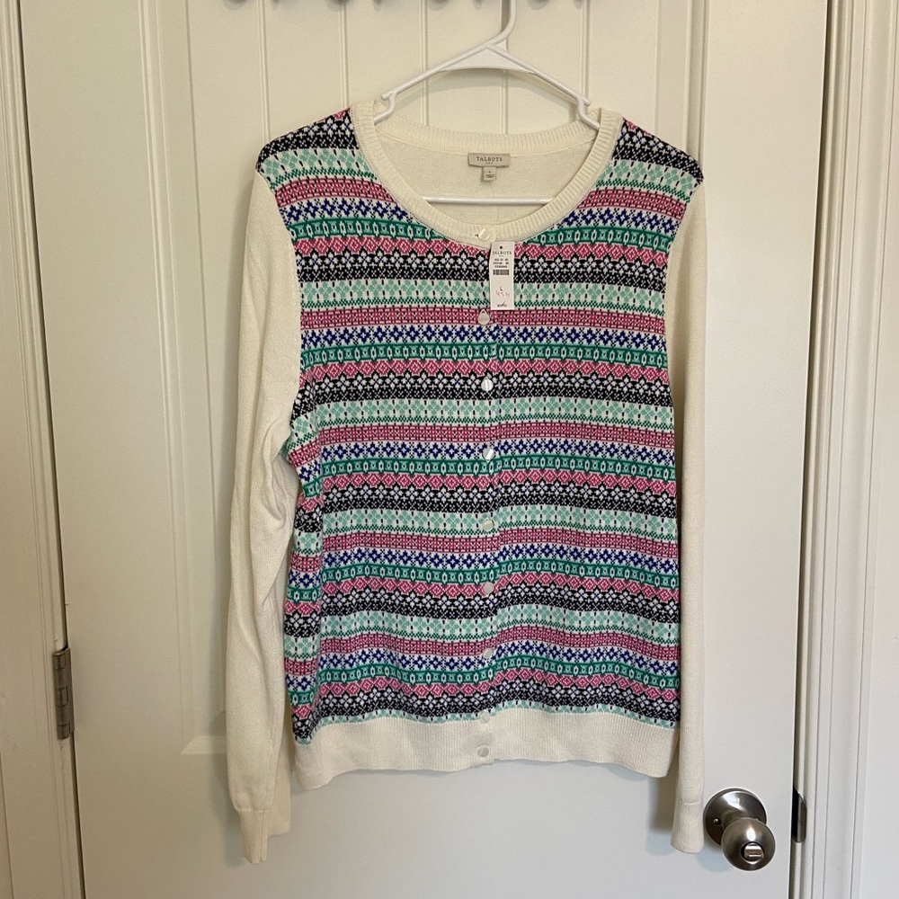 NEW Talbots women’s cream colorful patterned button‎ up sweater large